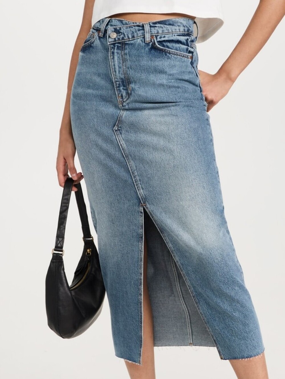 Reformation Nila Midi Asymmetric Crossover Waistband Denim Skirt - Size - 27